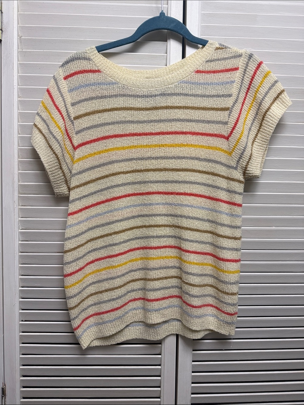 Cream Multicolor Striped Short-Sleeve Crew Sweater